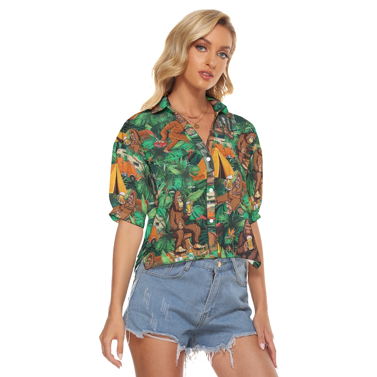 Funny Camping Bigfoot Tropical Hawaiian Cropped Shirt For Women