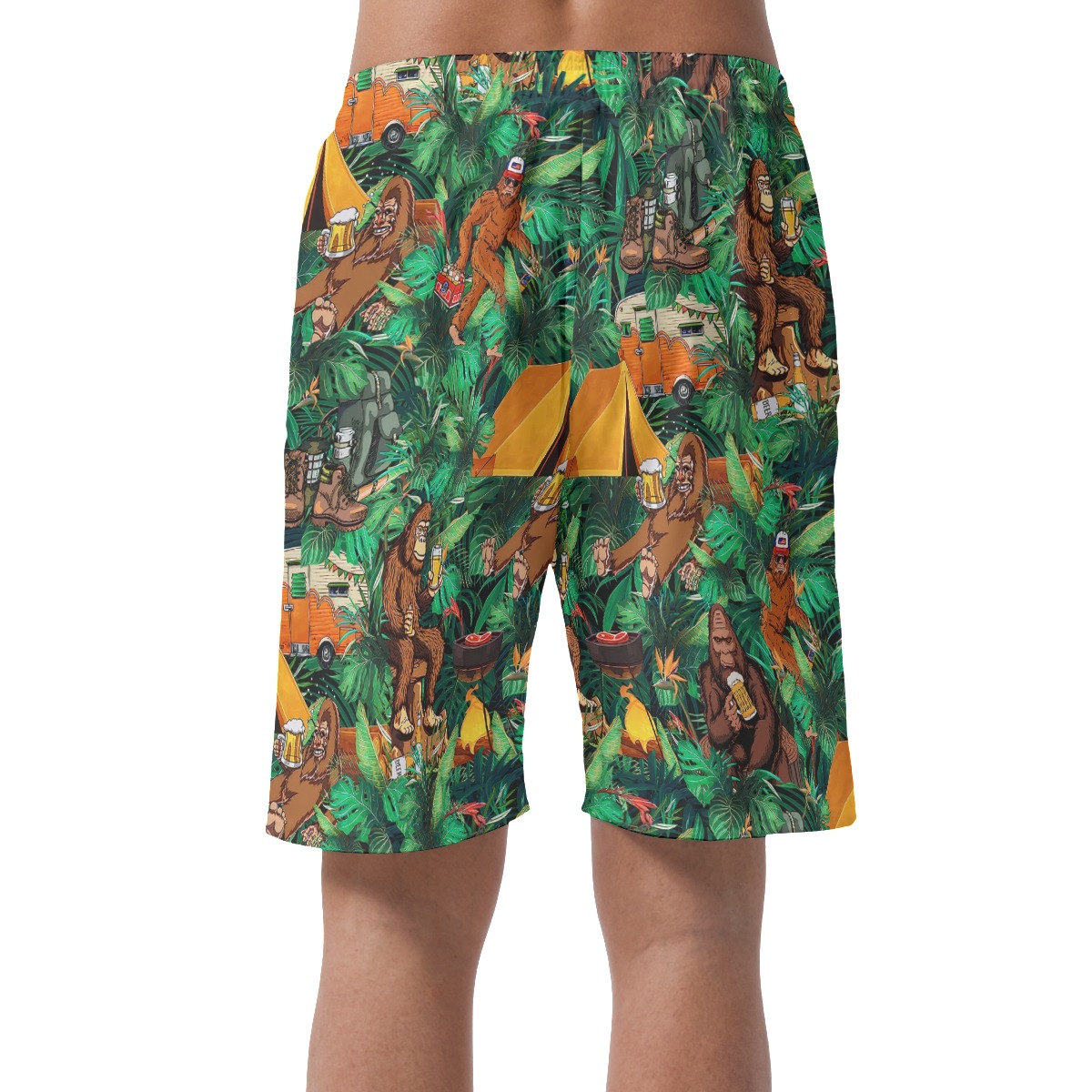 Funny Bigfoot Camping Tropical Hawaiian Beach Shorts For Men
