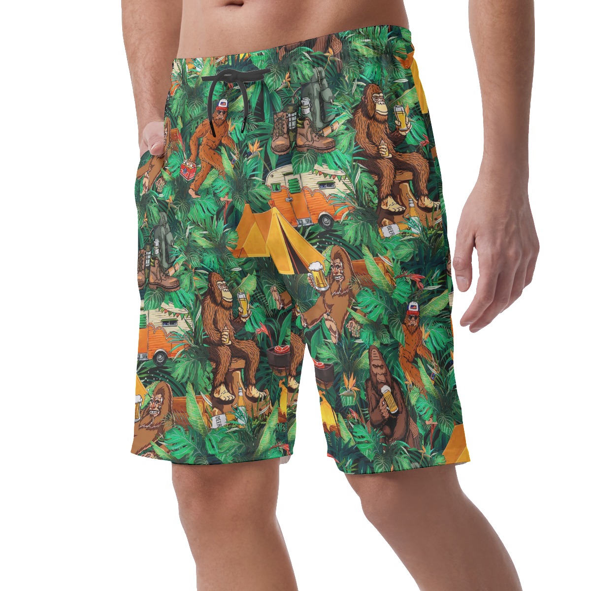 Funny Bigfoot Camping Tropical Hawaiian Beach Shorts For Men