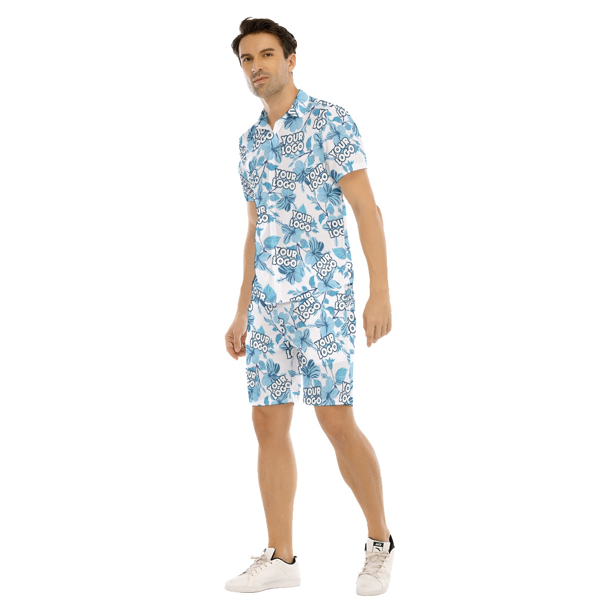 Personalize Company Logo Hawaiian Button Up Shirt Set For Men