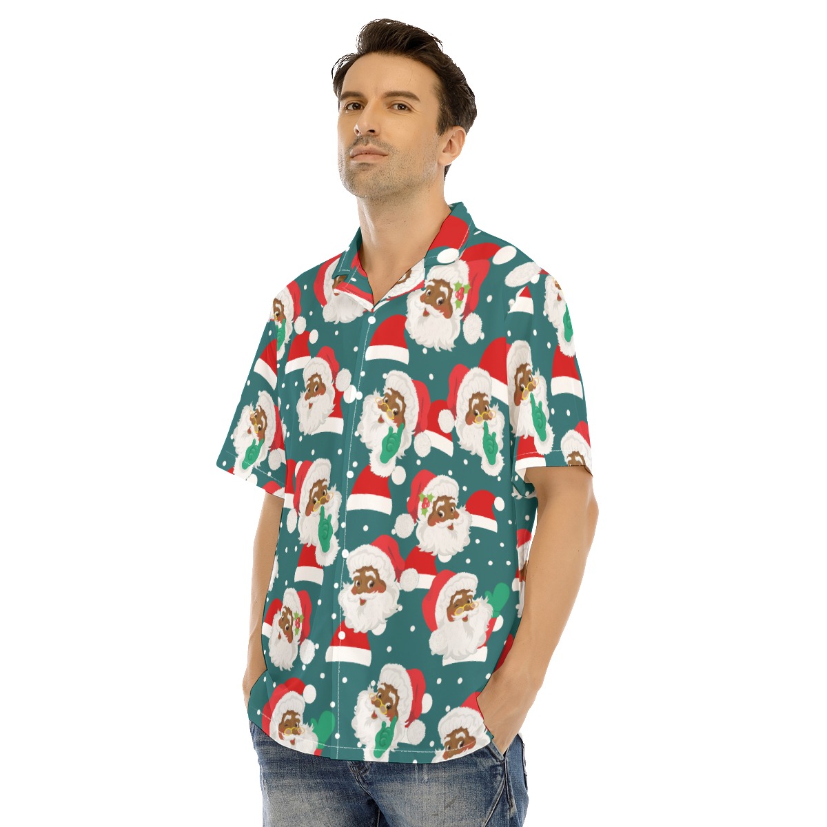 African American Santa Claus Button Christmas Shirt