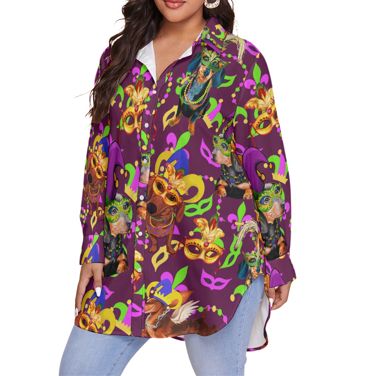 Mardi Gras Dachshund Hawaiian Plus Size Shirt For Women