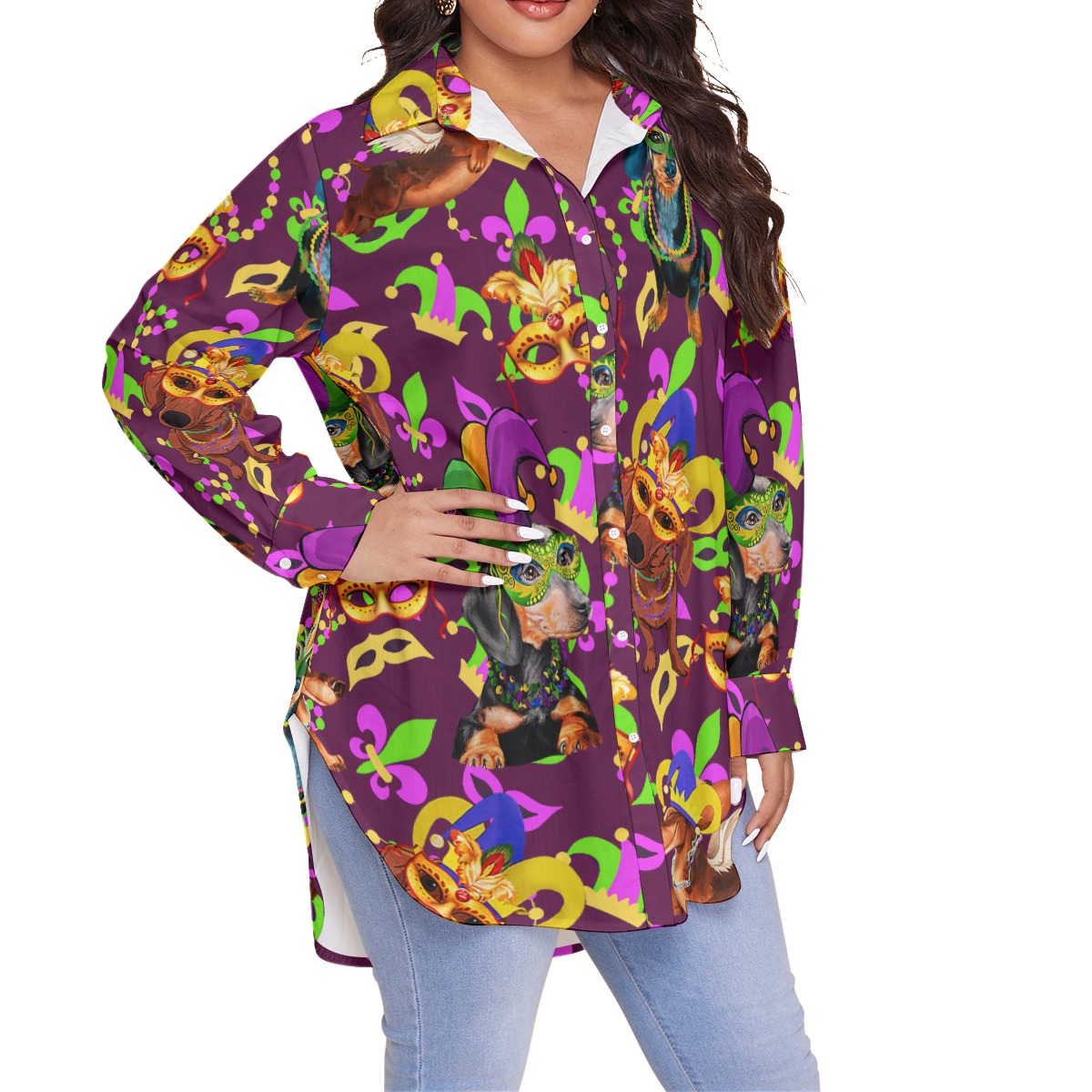 Mardi Gras Dachshund Hawaiian Plus Size Shirt For Women