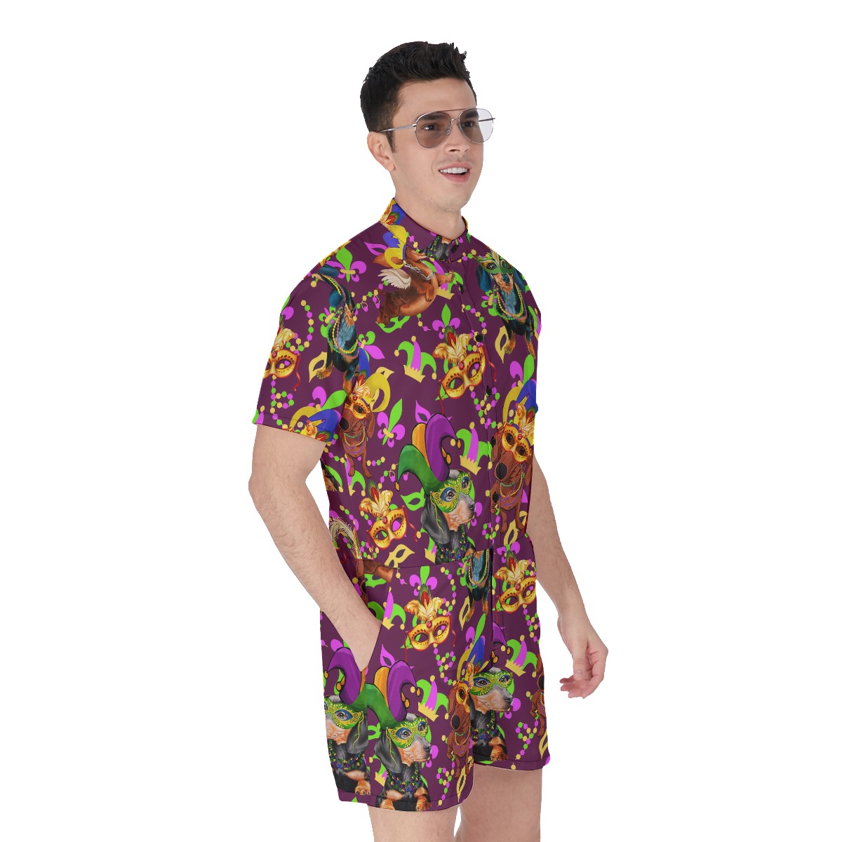 Cute Dachshund Mardi Gras Hawaiian Romper For Men