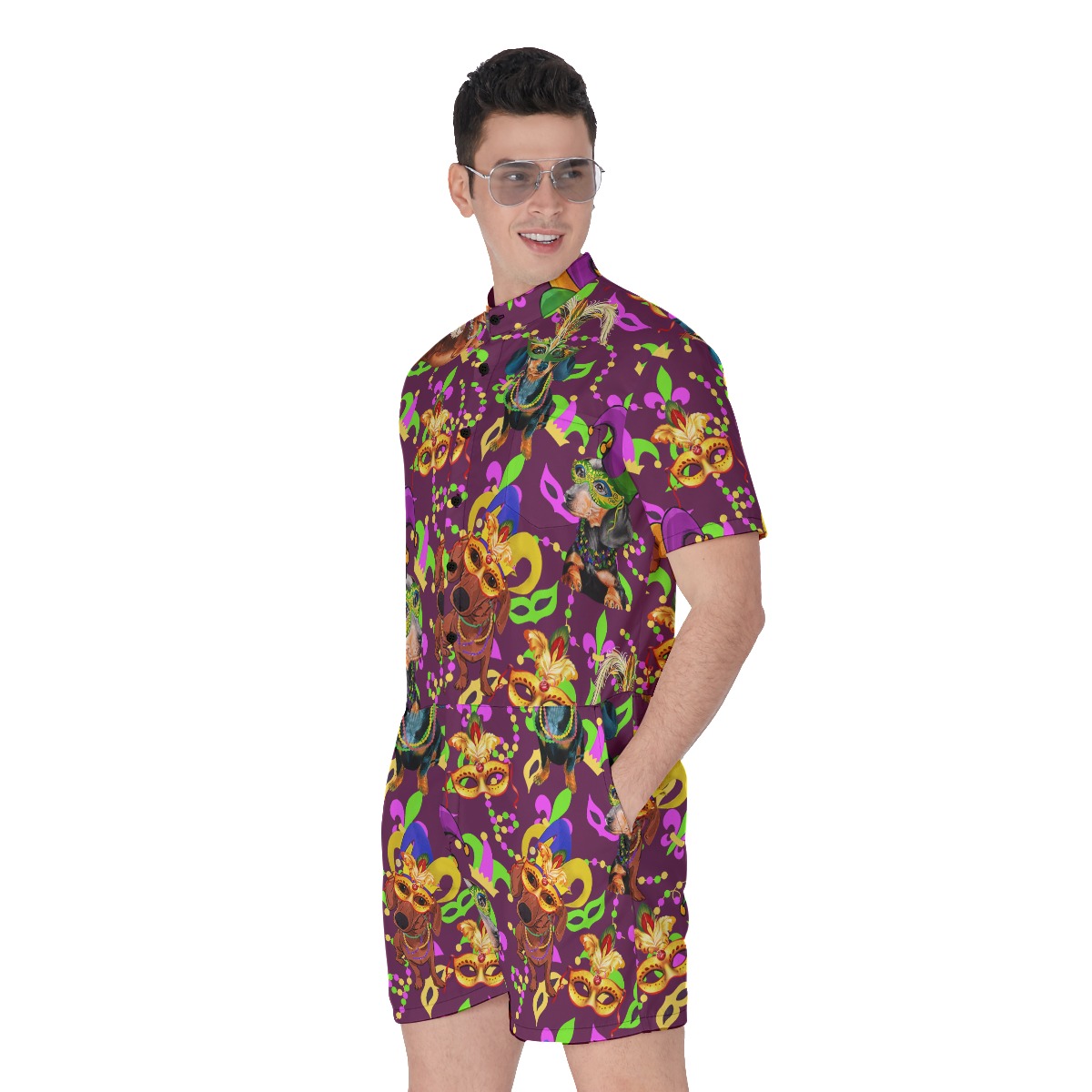 Cute Dachshund Mardi Gras Hawaiian Romper For Men