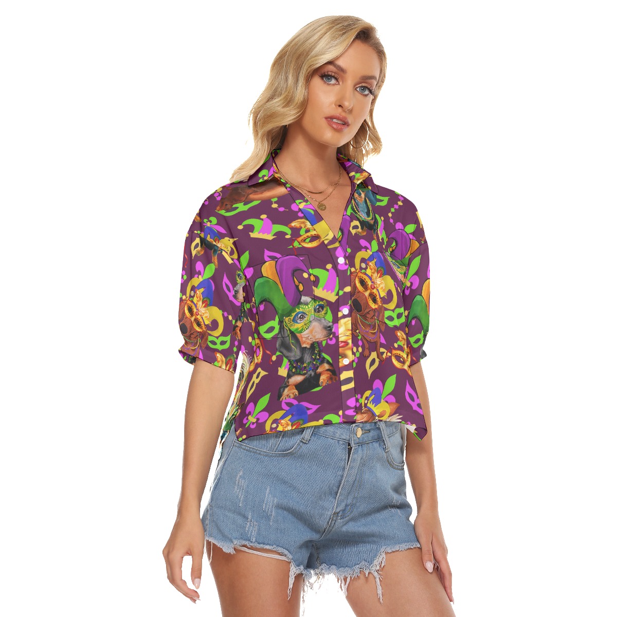 Happy Mardi Gras Dachshund Hawaiian Crop Top Shirt For Women