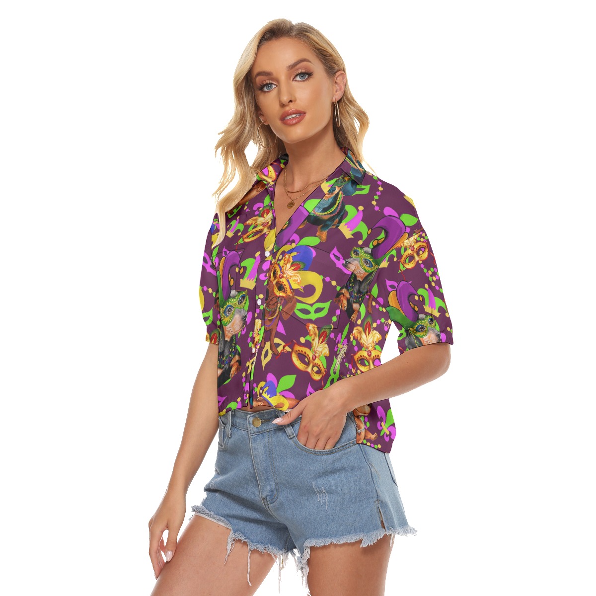 Happy Mardi Gras Dachshund Hawaiian Crop Top Shirt For Women