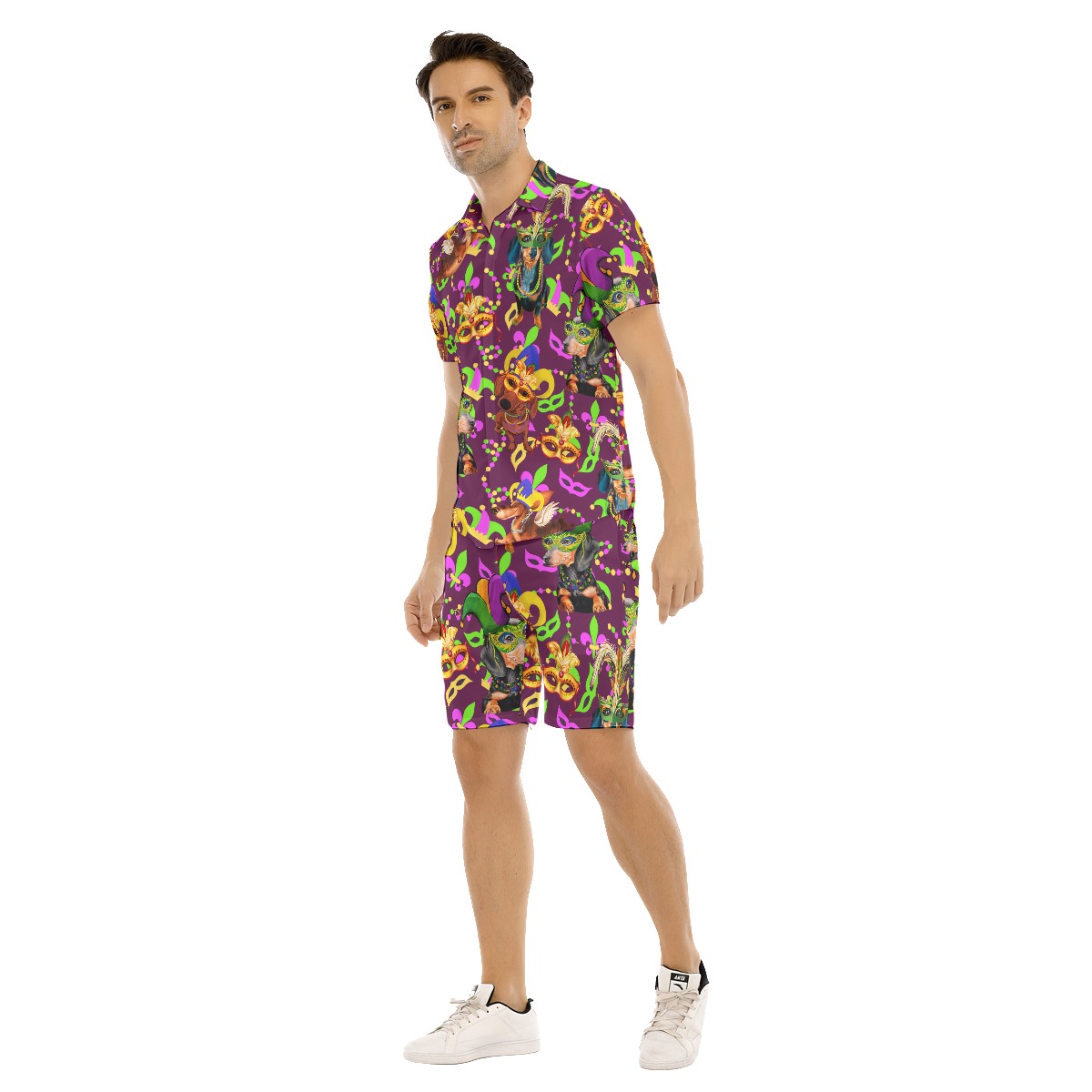 Funny Dachshund Mardi Gras Hawaiian Shirt Set For Men