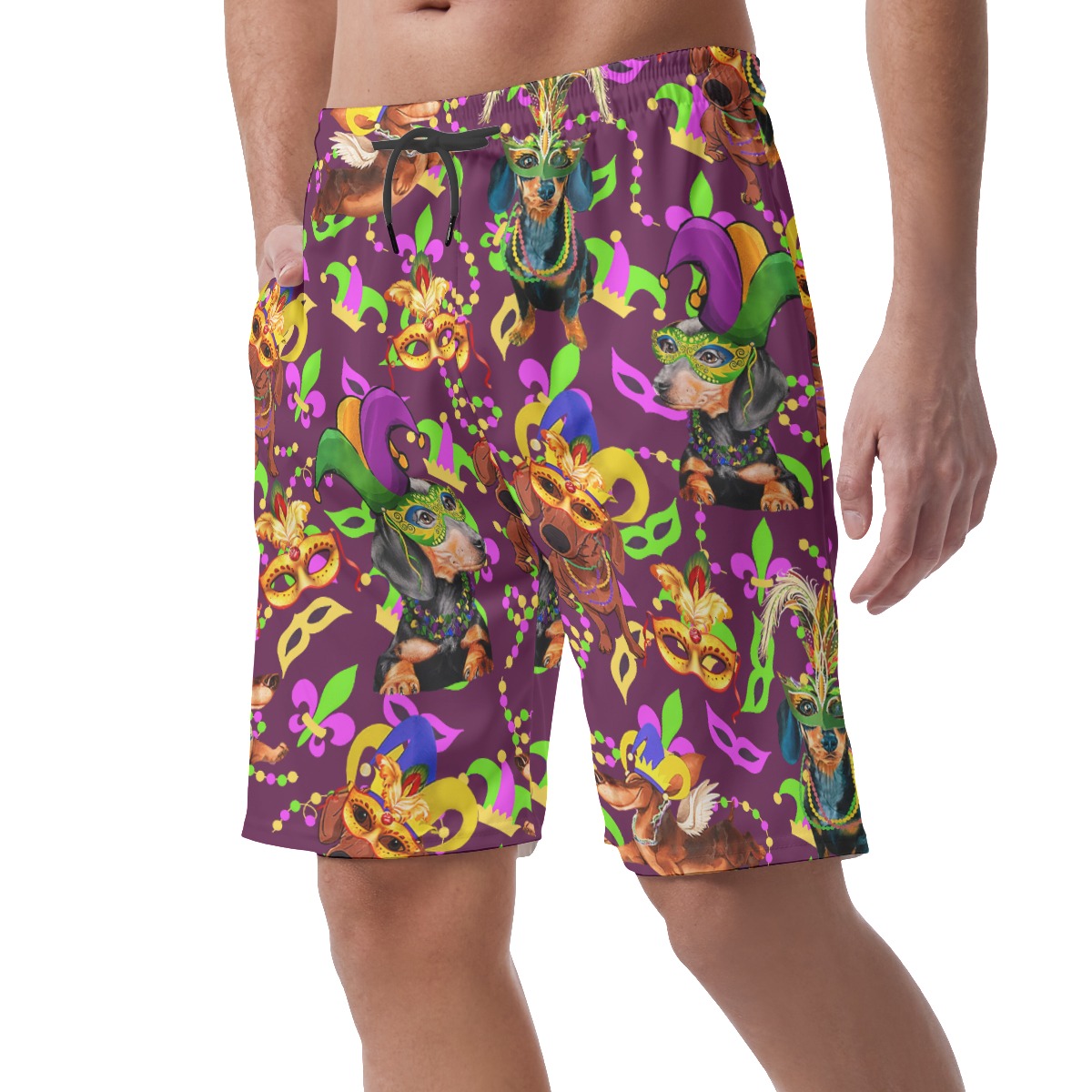 Funny Dachshund Mardi Gras Festival Hawaiian Beach Shorts For Men