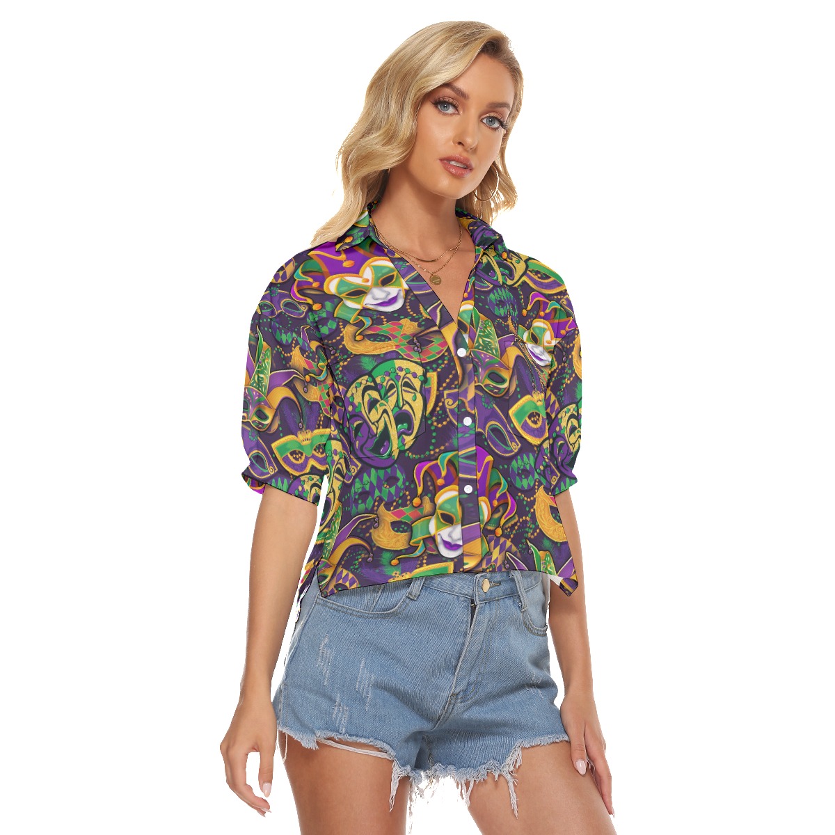 Happy Mardi Gras Hawaiian Cropped Shirt For Women