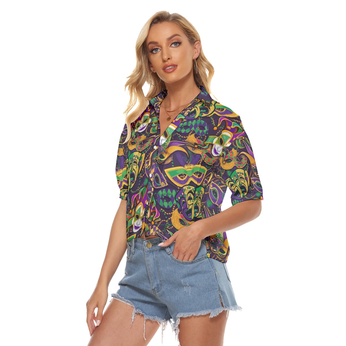 Happy Mardi Gras Hawaiian Cropped Shirt For Women