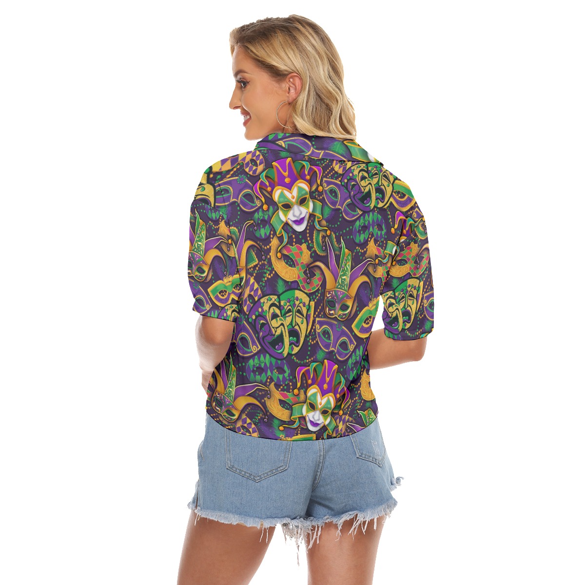 Happy Mardi Gras Hawaiian Cropped Shirt For Women