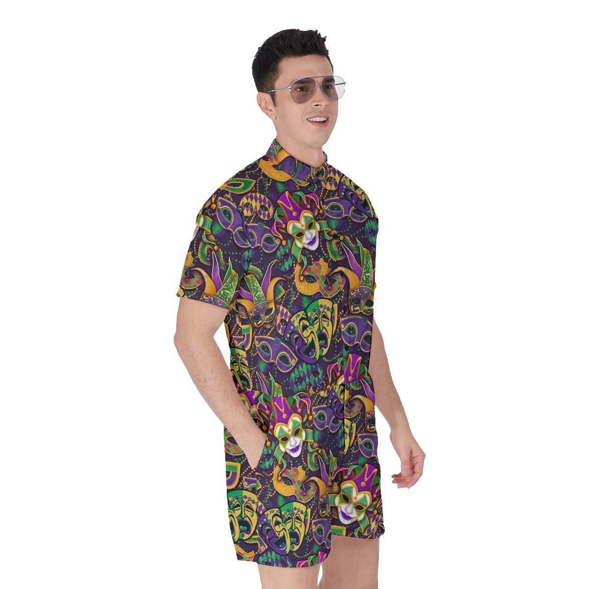 Men's Hawaiian Romper With Colorful Mardi Gras Masks