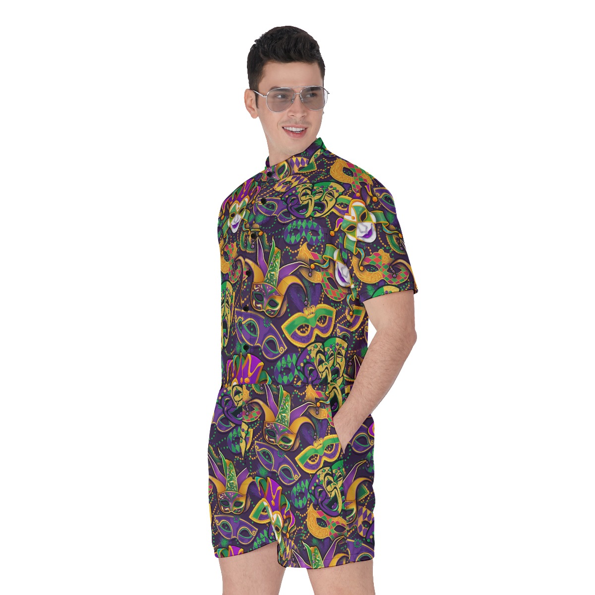 Men's Hawaiian Romper With Colorful Mardi Gras Masks