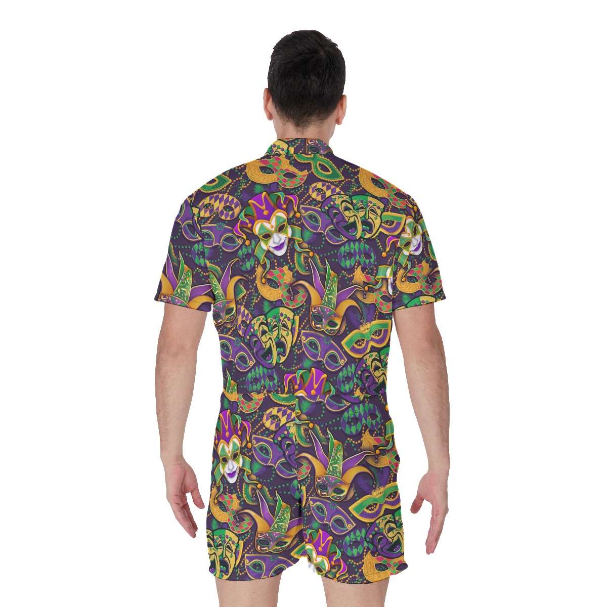 Men's Hawaiian Romper With Colorful Mardi Gras Masks