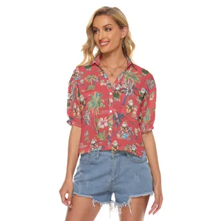 Funny Santa Tactical Gun Vintage Red Hawaiian Crop Top Shirt For Women