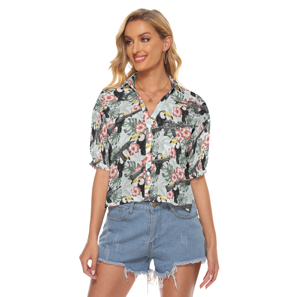 Tropical Hibiscus Toucan Gun Hawaiian Cropped Shirt For Women - variant image 1