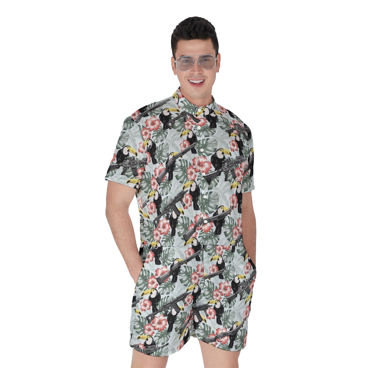 Cool Tactical Gun Toucan Tropical Hibiscus Hawaiian Romper For Men - variant image 1
