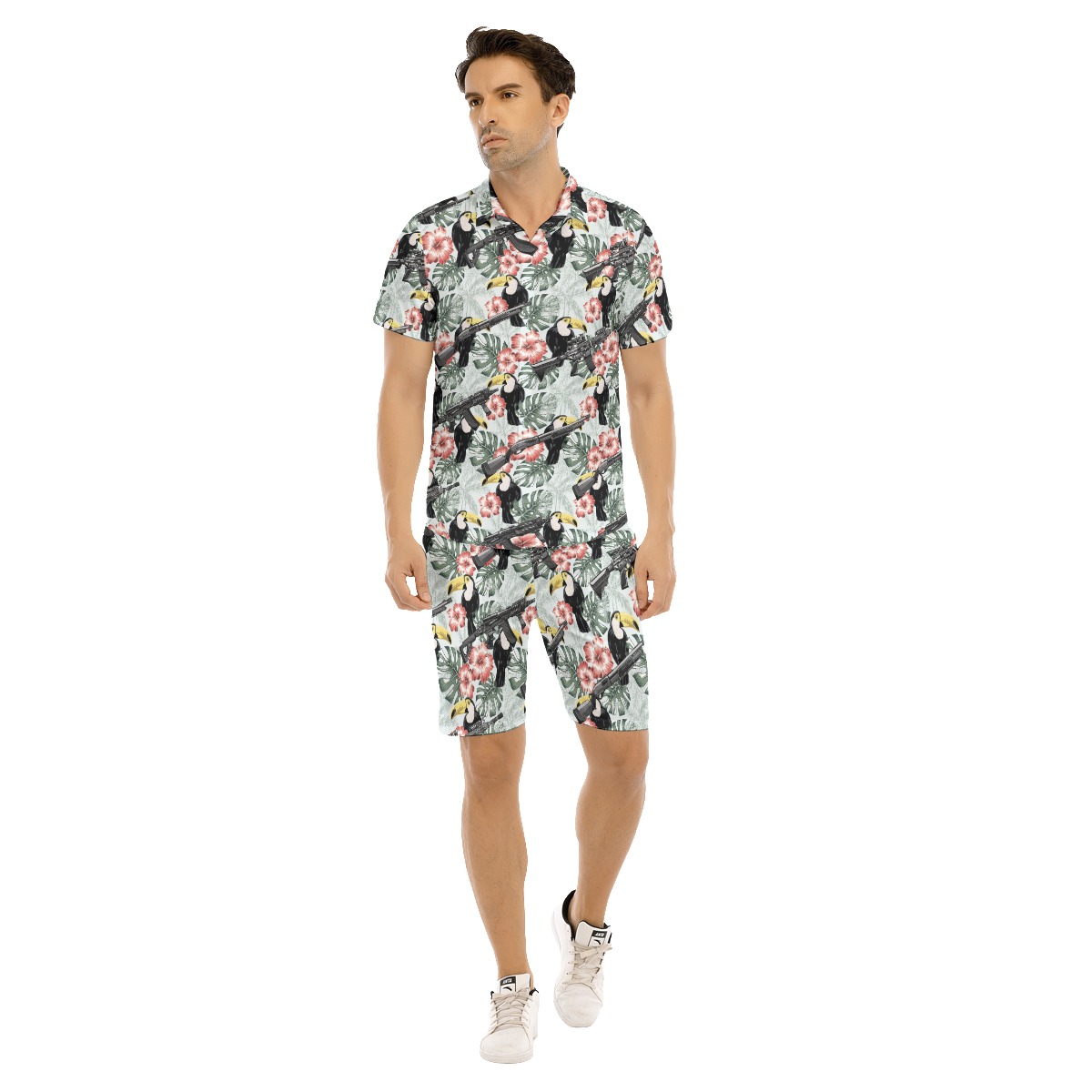 Set Tactical Gun Toucan Hibiscus Hawaiian Shirt And Matching Shorts For Men - variant image 1