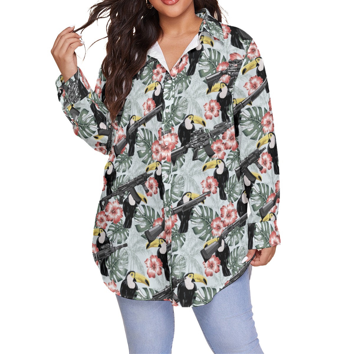 Tropical Hibiscus Toucan Tactical Gun Women's Hawaiian Plus Size Shirt - variant image 1