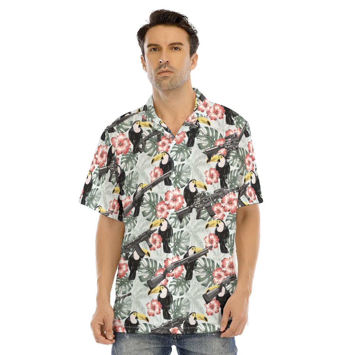 Tactical Toucan Hibiscus Gun Hawaiian Shirt - variant image 1