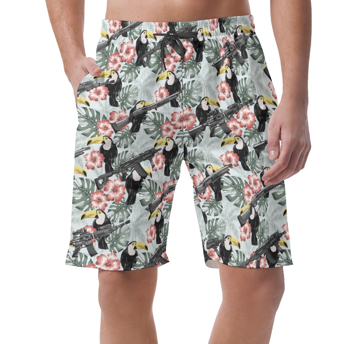 Tropical Toucan Gun Tactical Hibiscus Hawaiian Beach Shorts For Men - variant image 1