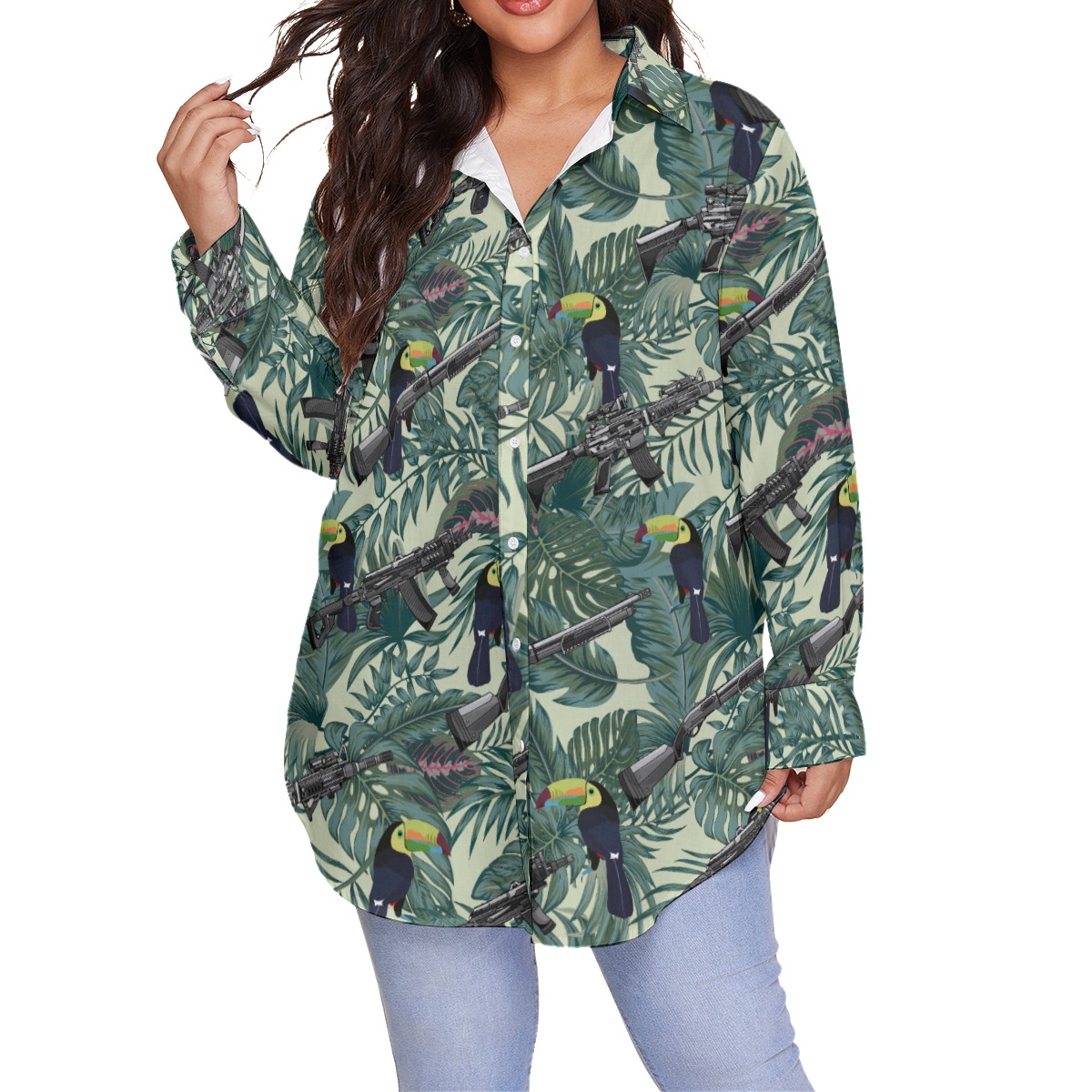 Tropical Toucan Tactical Gun Hawaiian Plus Size Shirt For Women - variant image 1