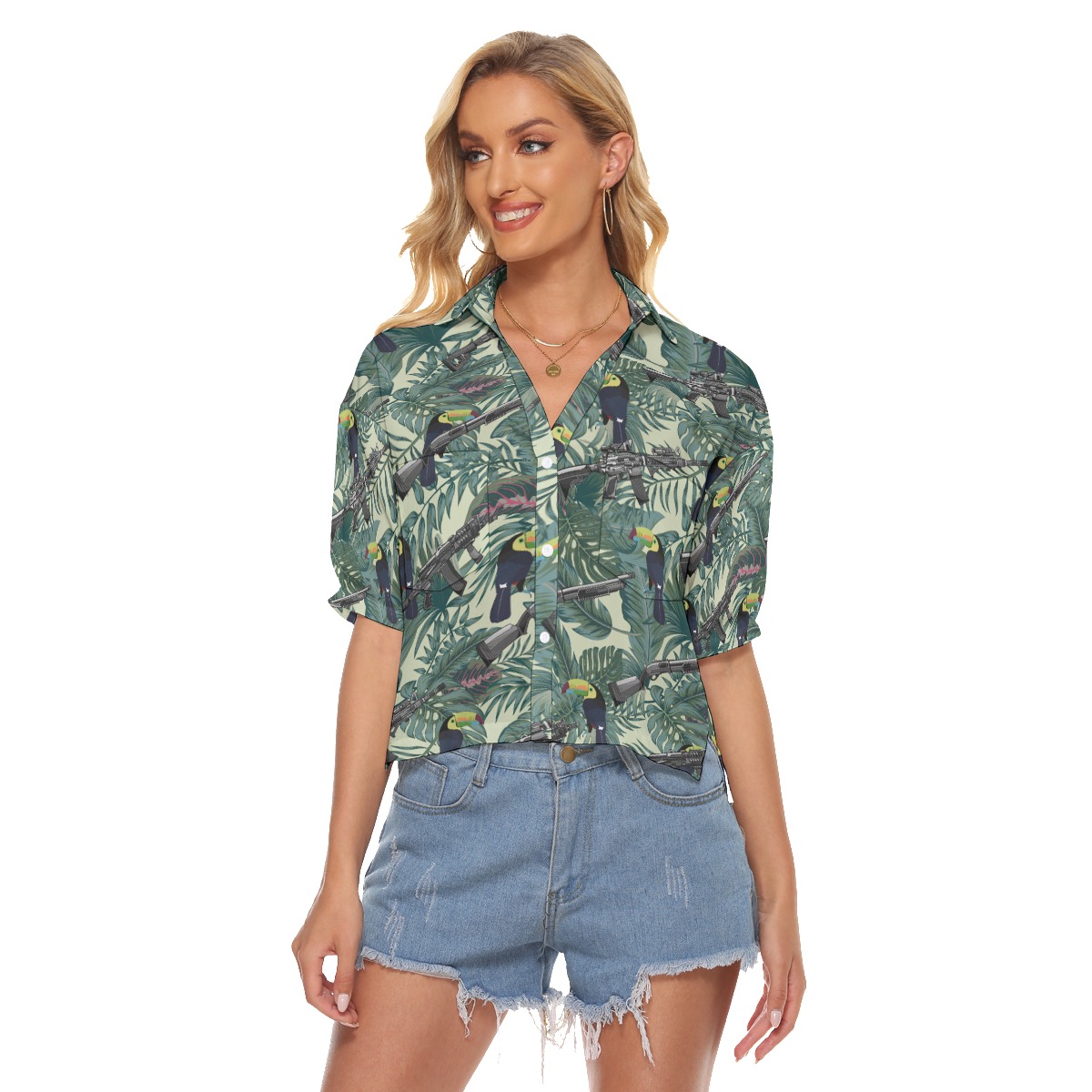 Tropical Toucan Long Gun Tactical Hawaiian Cropped Shirt - variant image 1