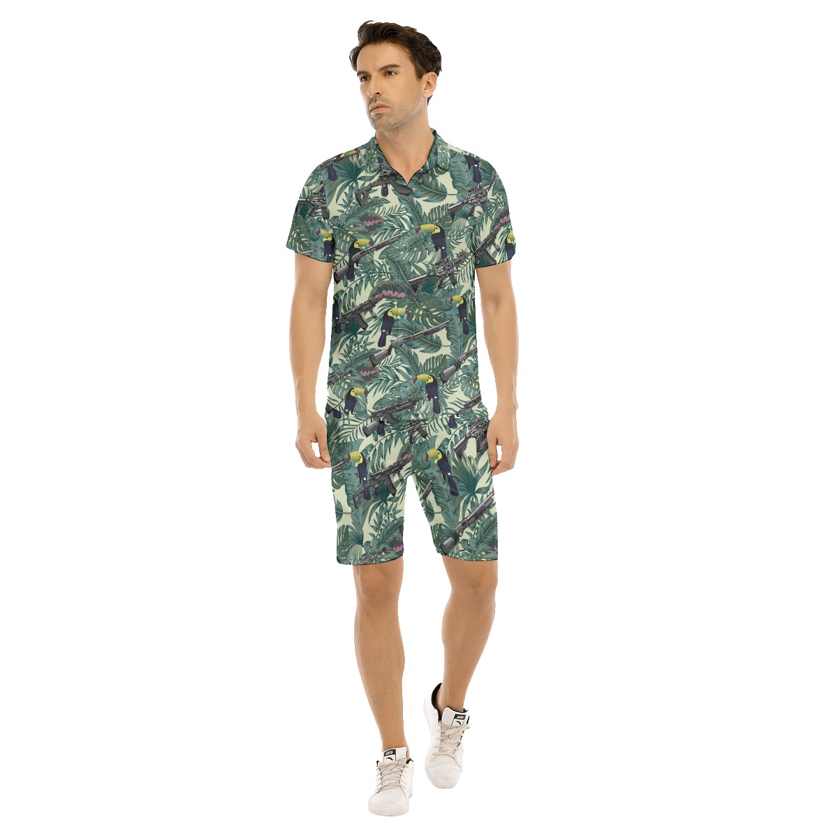 Set Tactical Gun Tropical Toucan Hawaiian Shirt And Matching Shorts For Men - variant image 1