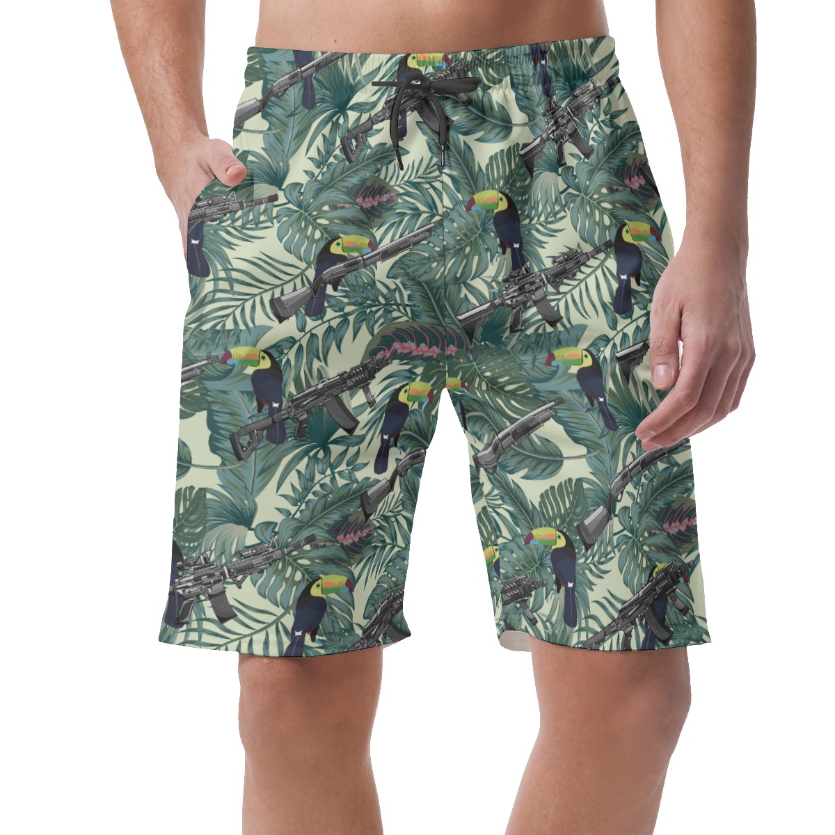 Tropical Tactical Gun Toucan Green Hawaiian Beach Shorts For Men - variant image 1