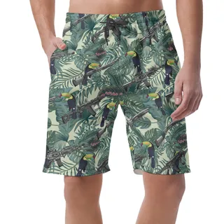 Tropical Tactical Gun Toucan Green Hawaiian Beach Shorts For Men