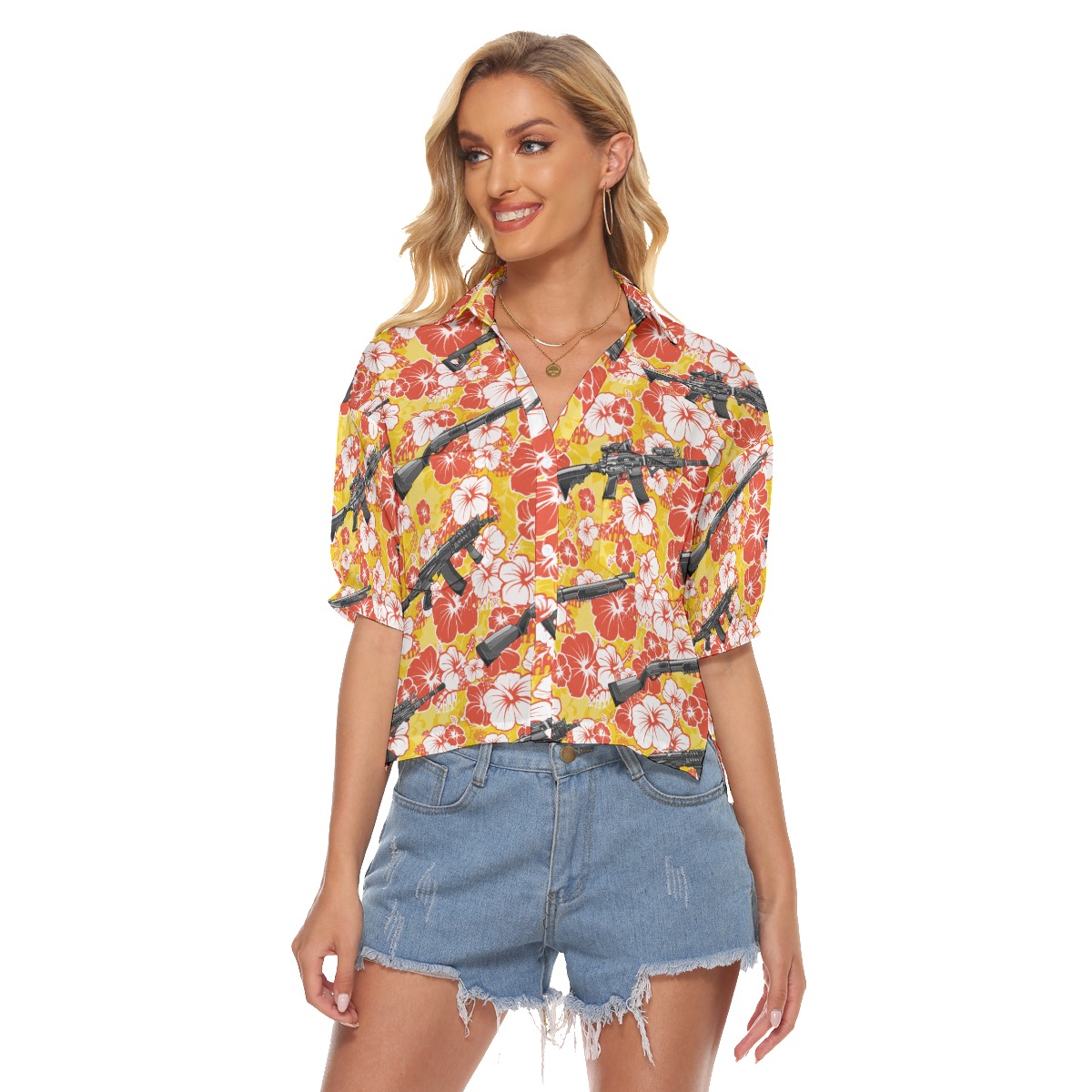 Hibiscus Tactical Gun Vintage Hawaiian Cropped Shirt For Women - variant image 1