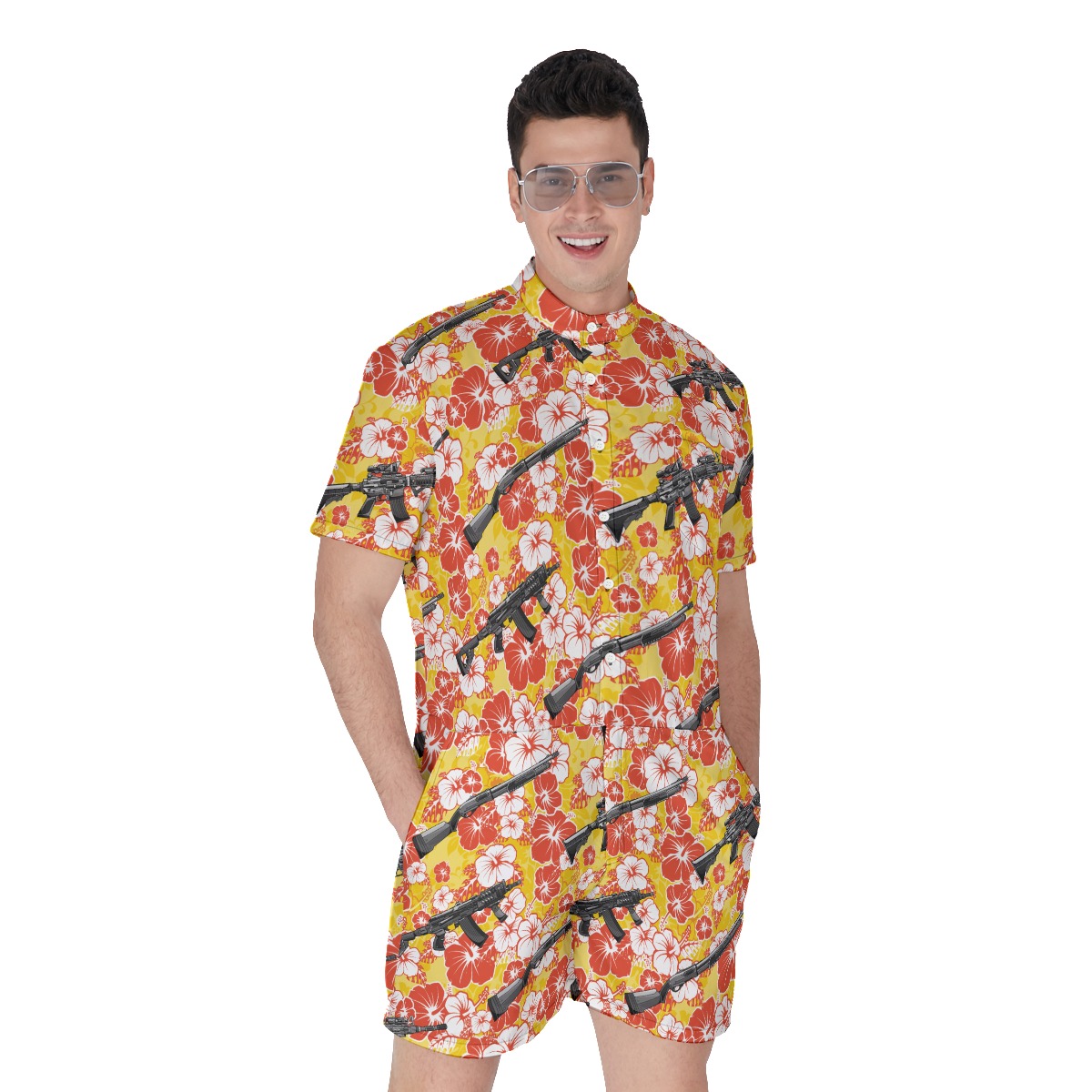 Yellow Hibiscus Tactical Gun Vintage Hawaiian Romper For Men - variant image 1