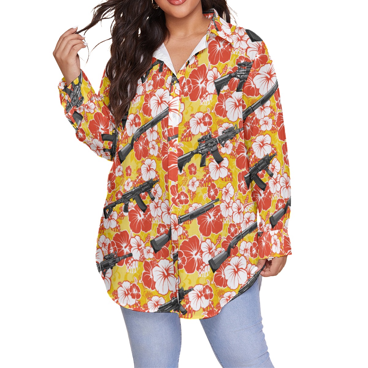 Vintage Hibiscus Tactical Gun Yellow Hawaiian Blouse Shirt - variant image 1