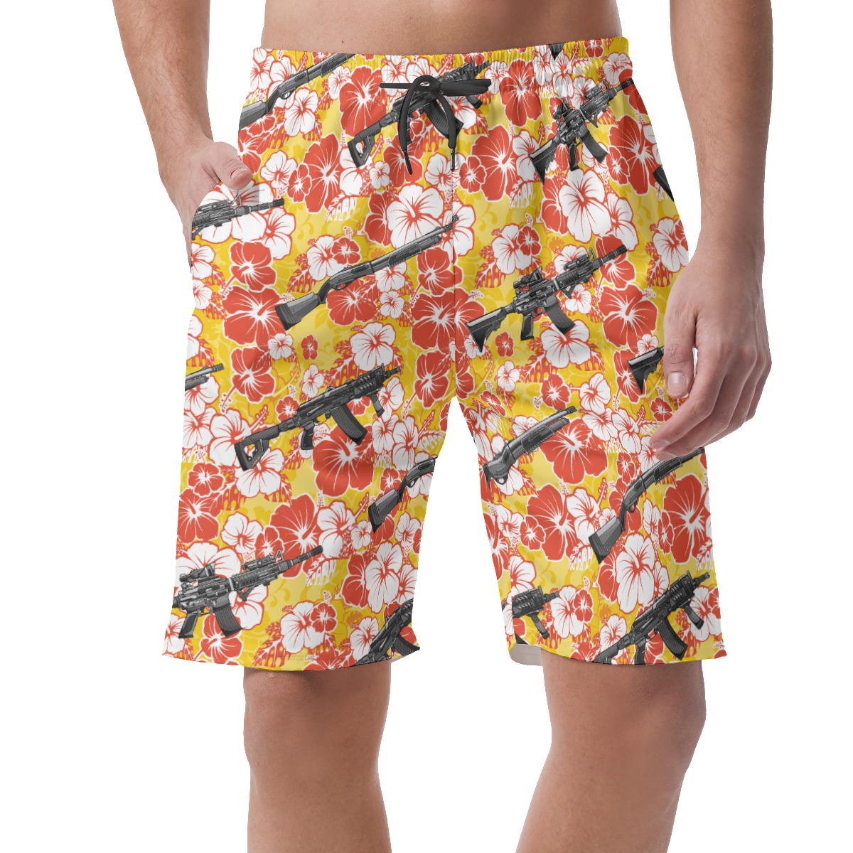 Cool Tactical Gun Hibiscus Yellow Hawaiian Beach Shorts For Men - variant image 1