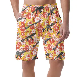 Cool Tactical Gun Hibiscus Yellow Hawaiian Beach Shorts For Men