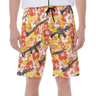 Yellow Hibiscus Gun Hawaiian Swim Trunks For Men