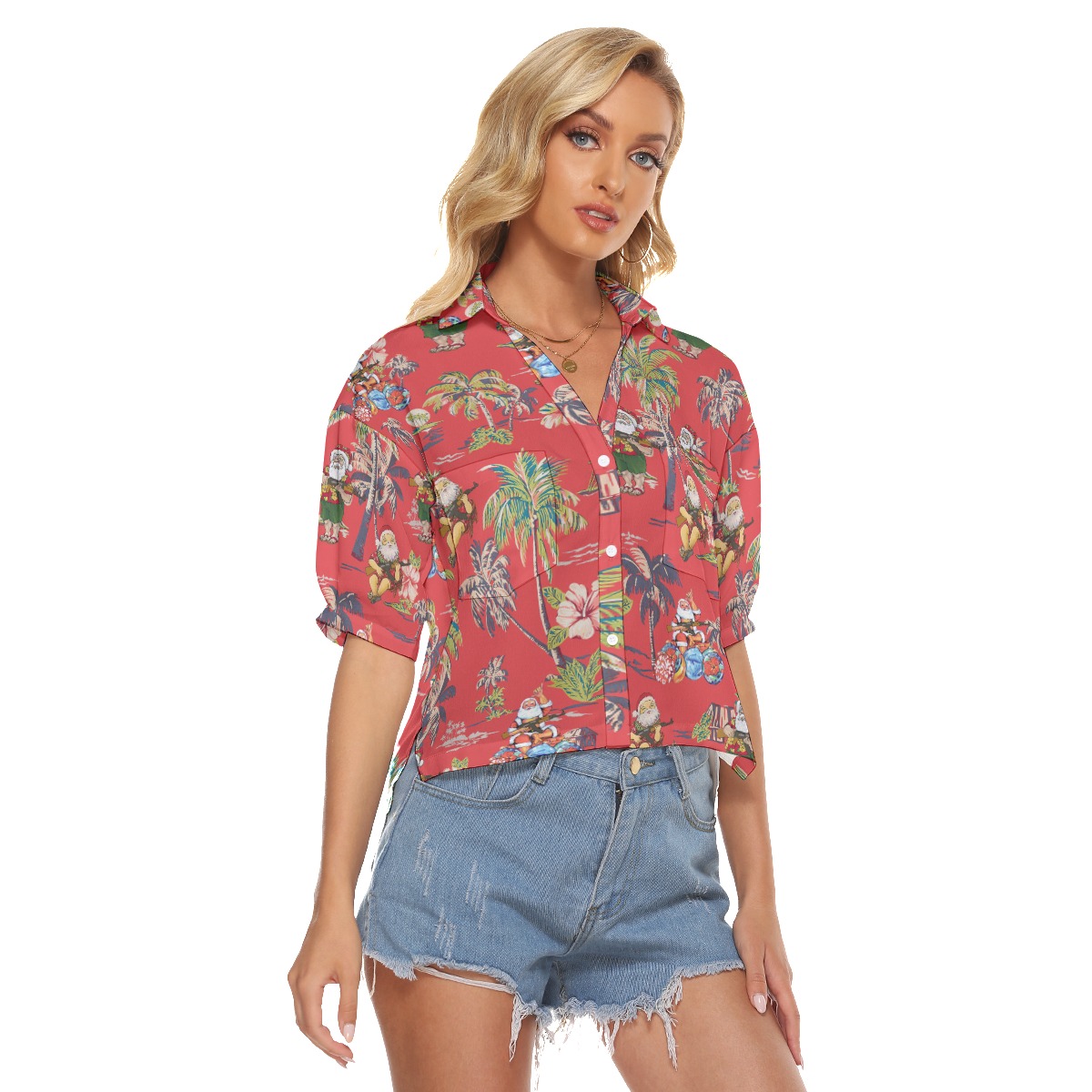Funny Santa Tactical Gun Vintage Red Hawaiian Crop Top Shirt For Women
