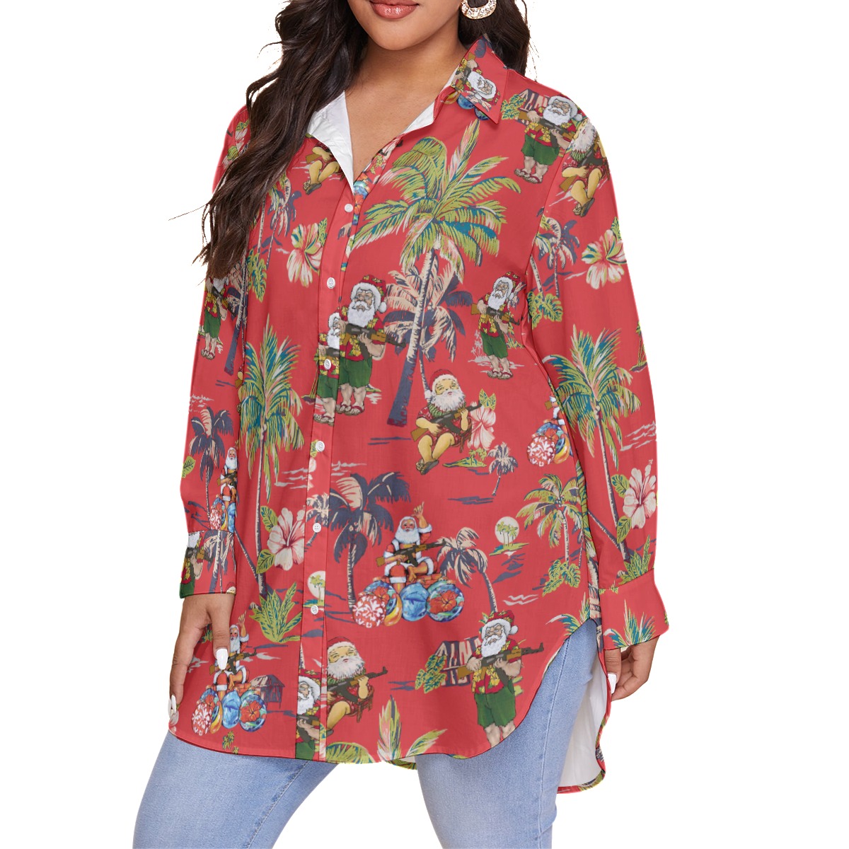 Funny Tactical Gun Santa Claus Vintage Hawaiian Oversized Shirt For Women