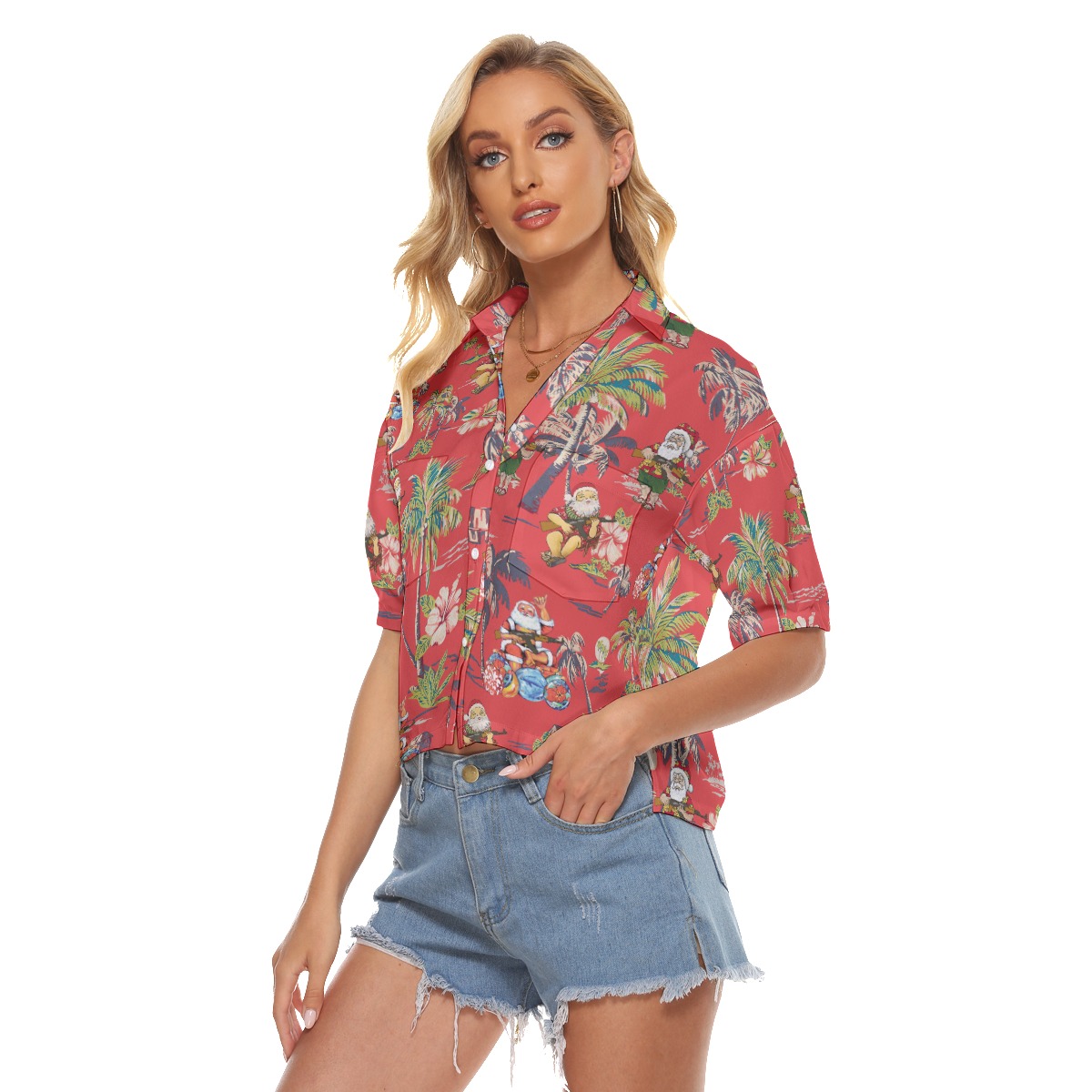 Funny Santa Tactical Gun Vintage Red Hawaiian Crop Top Shirt For Women
