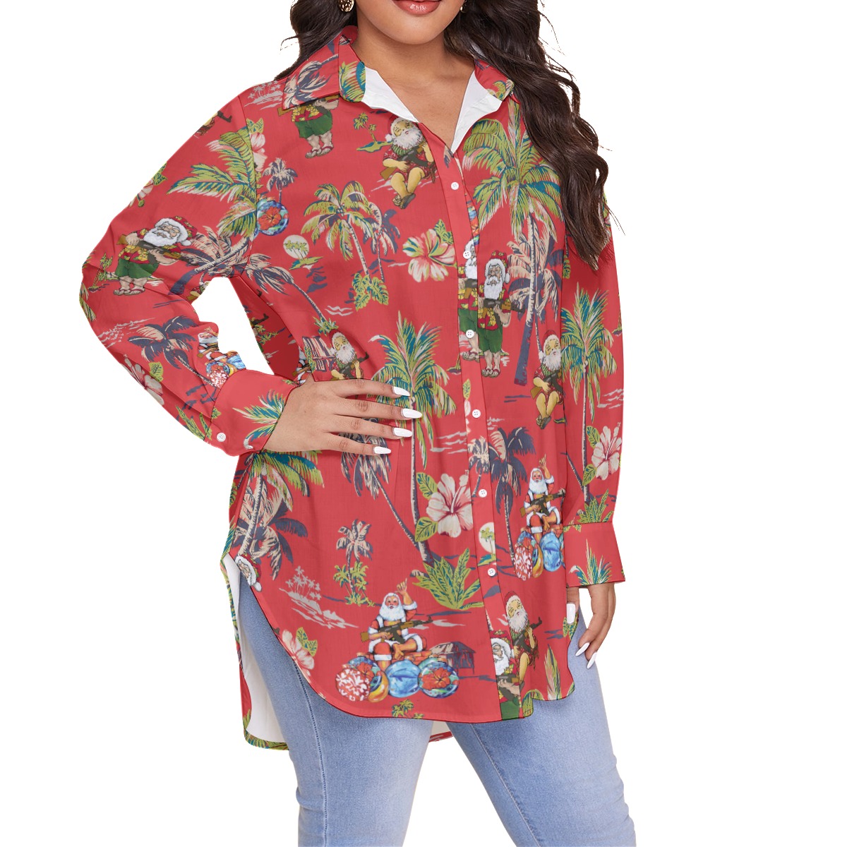 Funny Tactical Gun Santa Claus Vintage Hawaiian Oversized Shirt For Women