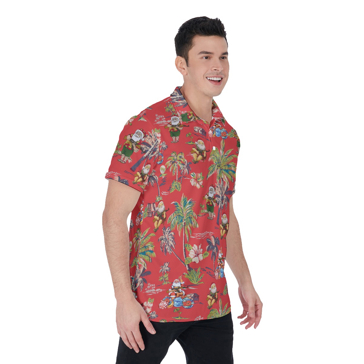 Tropical Santa With Gun Red Hawaiian Polo Shirt