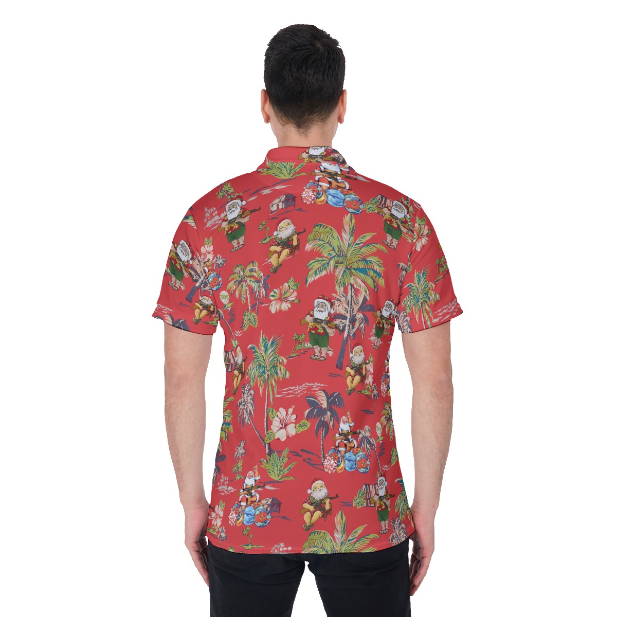 Tropical Santa With Gun Red Hawaiian Polo Shirt