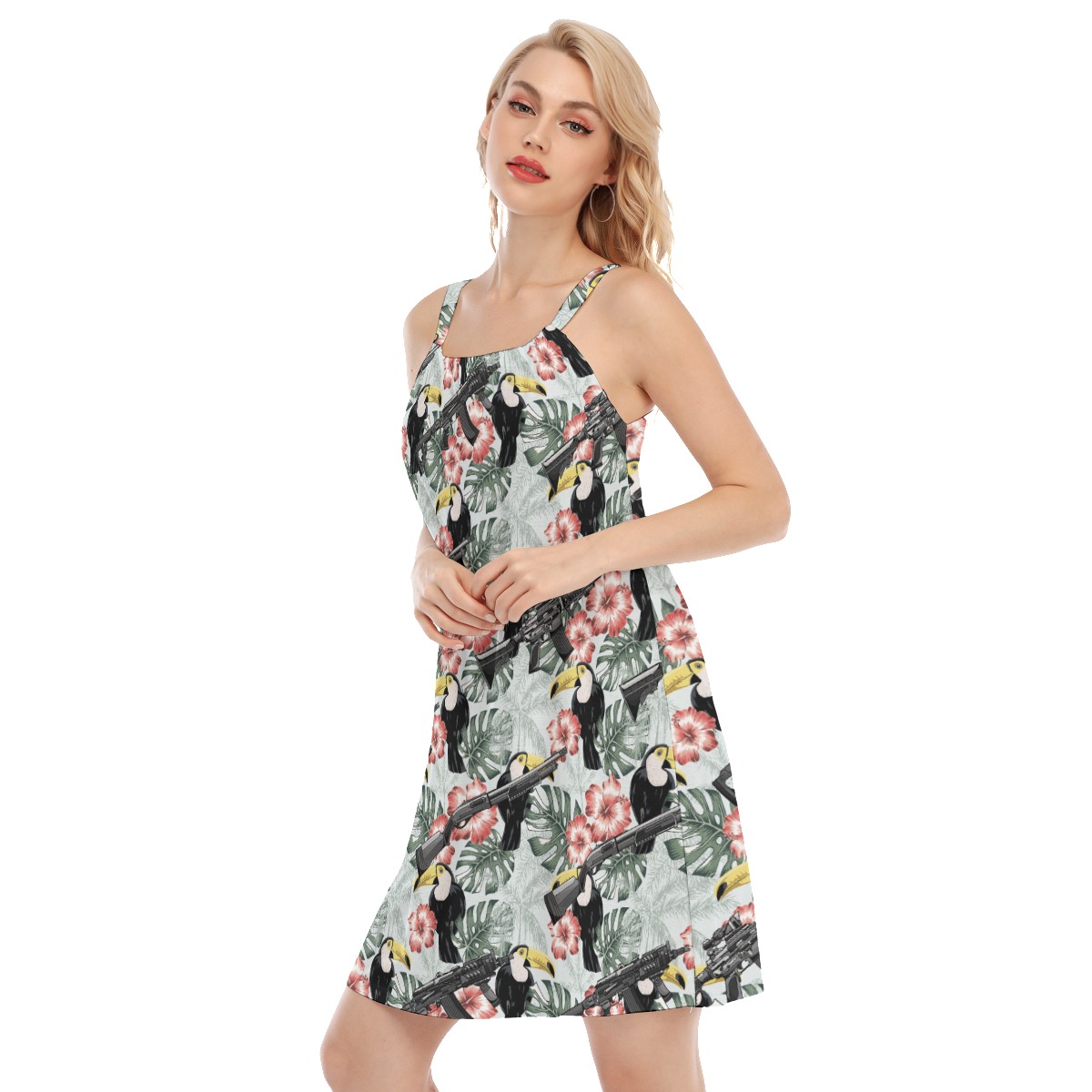Tactical Gun Toucan Floral Hawaiian Cami Dresses For Women