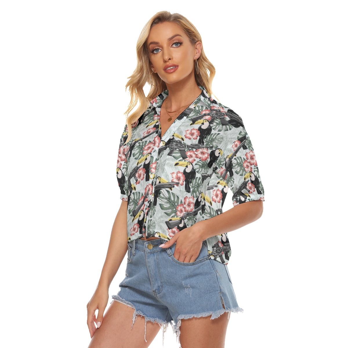 Tropical Hibiscus Toucan Gun Hawaiian Cropped Shirt For Women