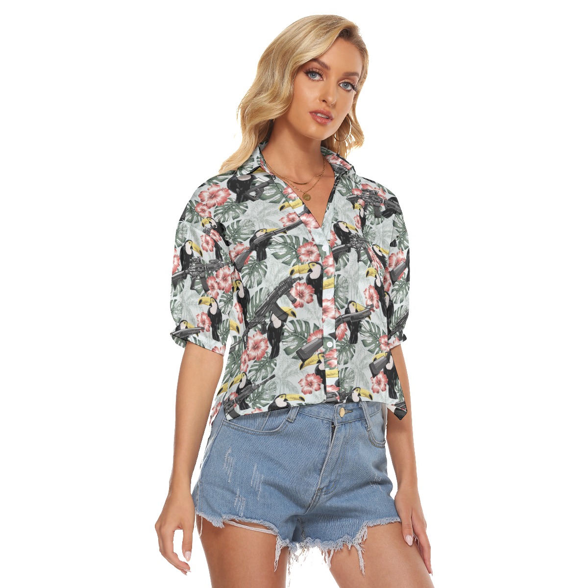 Tropical Hibiscus Toucan Gun Hawaiian Cropped Shirt For Women