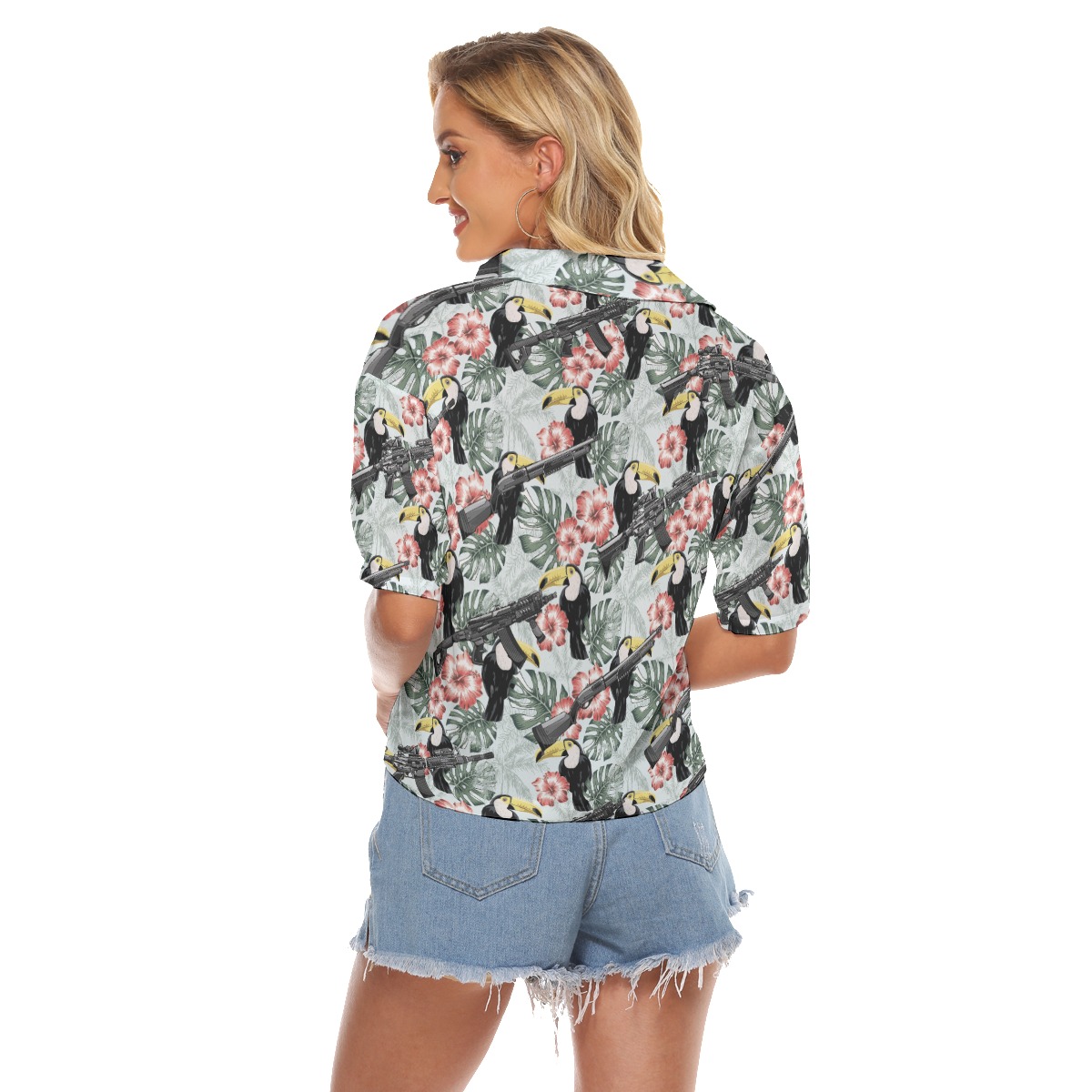 Tropical Hibiscus Toucan Gun Hawaiian Cropped Shirt For Women