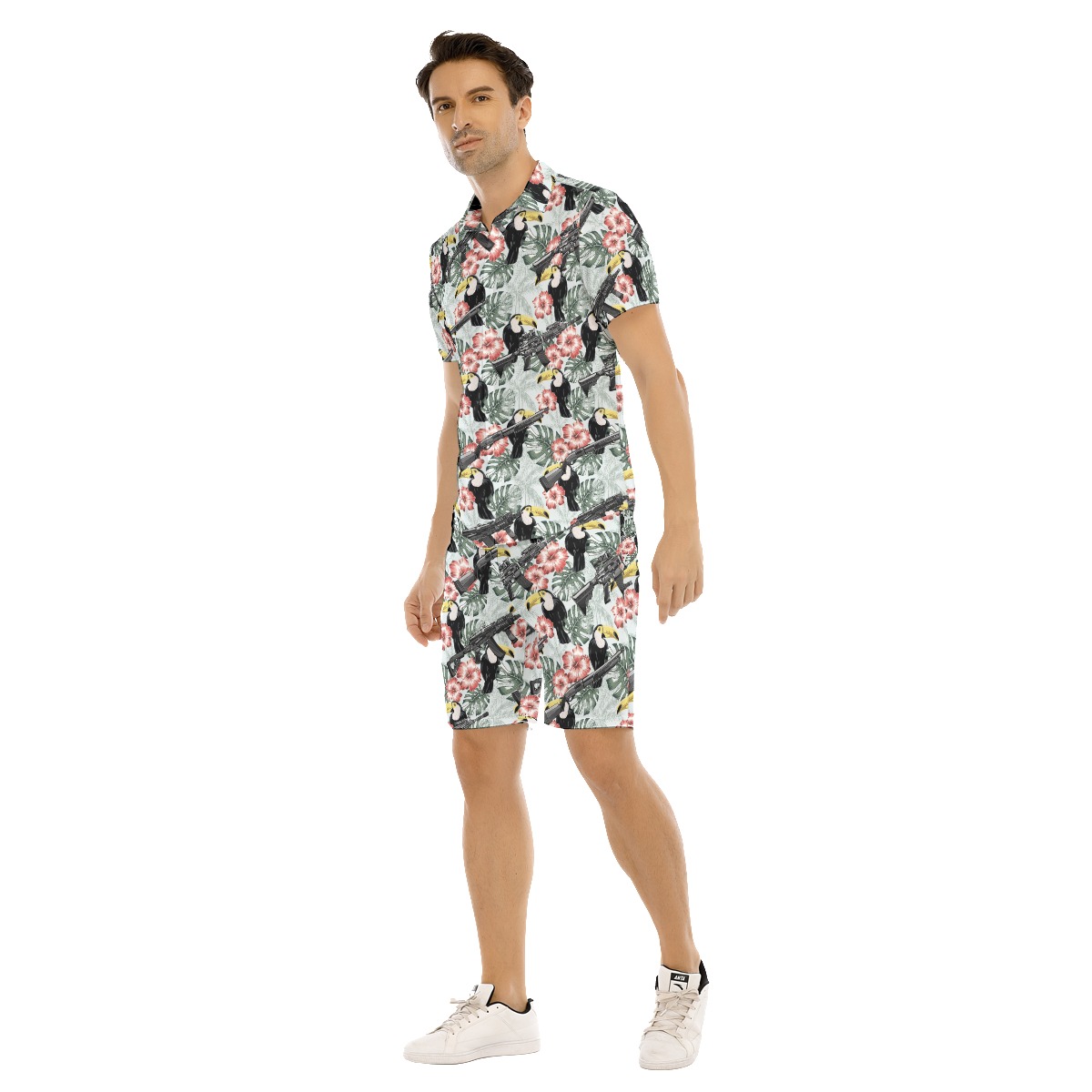 Set Tactical Gun Toucan Hibiscus Hawaiian Shirt And Matching Shorts For Men