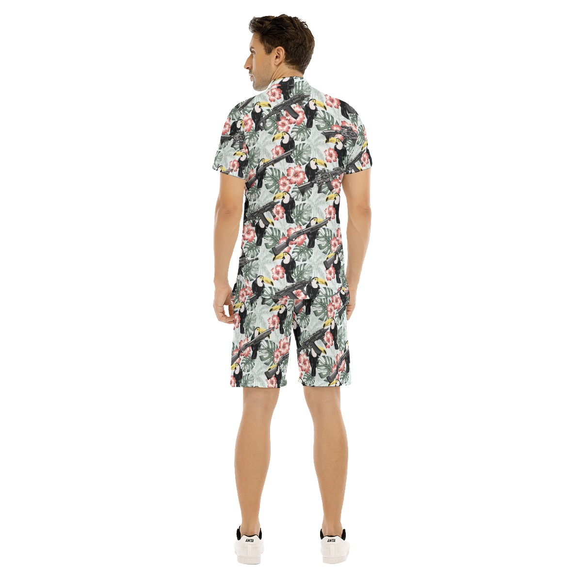 Set Tactical Gun Toucan Hibiscus Hawaiian Shirt And Matching Shorts For Men