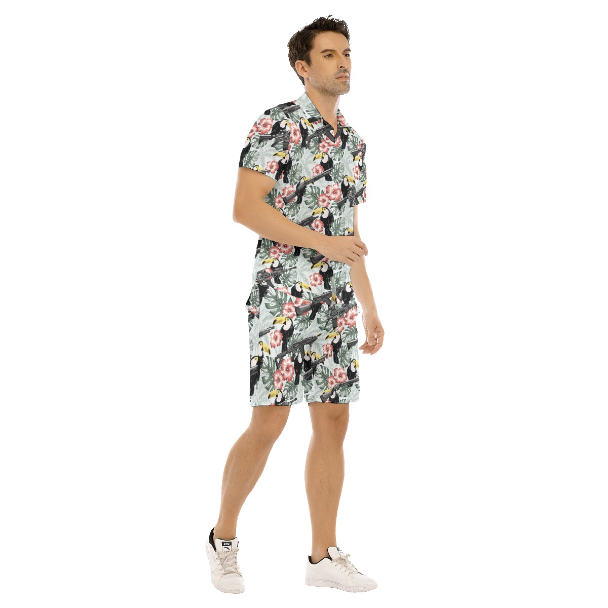 Set Tactical Gun Toucan Hibiscus Hawaiian Shirt And Matching Shorts For Men